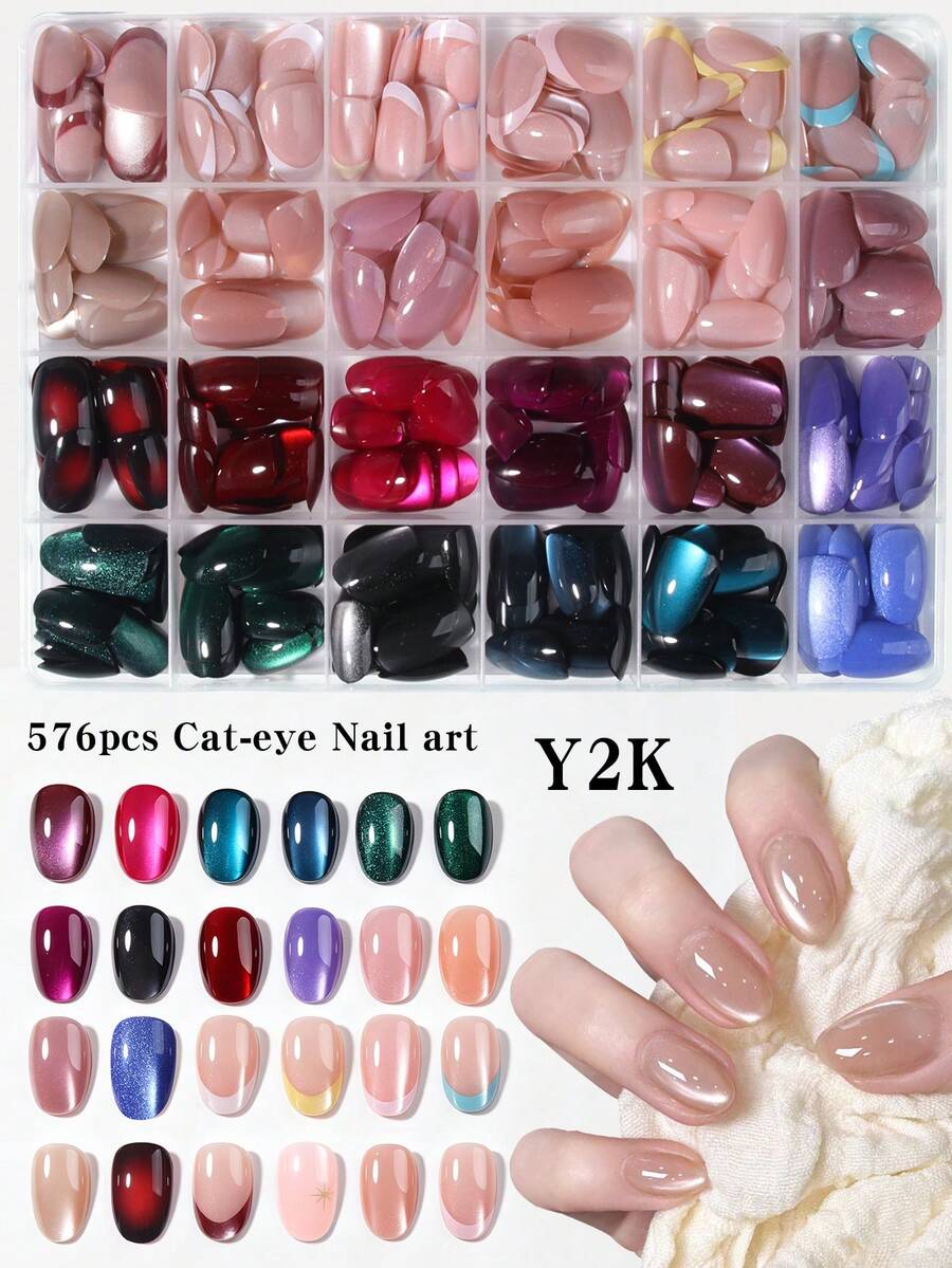582片裝(24款混色)Y2K短橢圓法式貓眼穿戴甲,裸色、粉色、藍色、紅色、馬卡龍色壓克力美甲套組,含4片果凍膠與2片指甲锉 - 彩色 - 查看 1