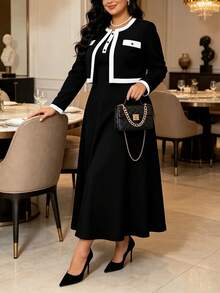 Plus Size Women's Elegant Spring To Summer 2-Piece Set, Contrast Trim Button Cardigan With Solid Color Long Dress - Black - View 6