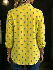 Plus Size Women's Polka Dot Print Long Sleeve Button-Down Shirt Collar Fashion Casual Top - Yellow - View 2