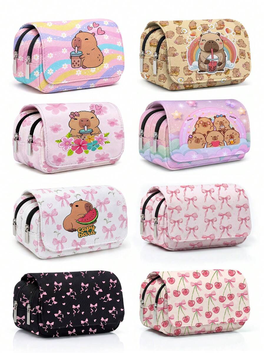 Printed Capybara, Pink Pencil Case, Double-Layer Flap Pencil Case Stationery Box, Can Hold Pencils, Keys, Phones, Coins, Small It, First Day Of School - Multicolor - View 1
