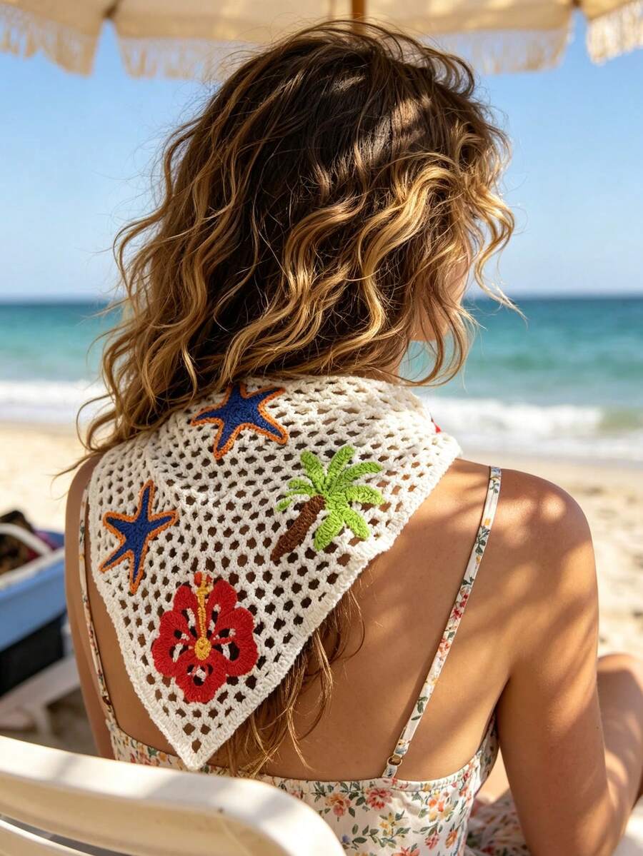 1pc Bohemian Style Beach Vacation Casual Ocean Element Hollow Knit Tie Triangle Scarf - Multicolor - View 1