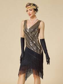 1920年代 Flapper 長流蘇蓋茨比風亮片串珠洋裝 - 金色 - 查看 5