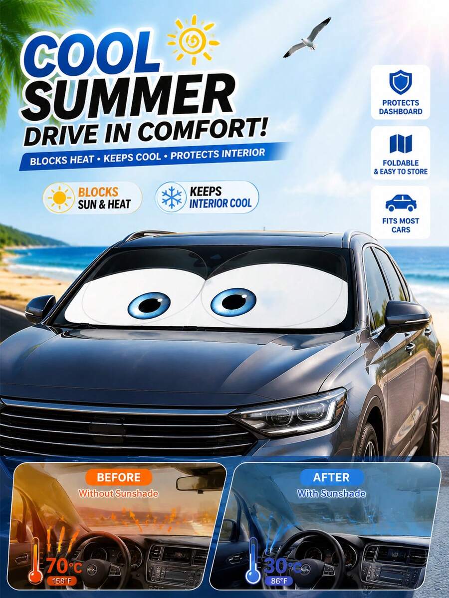 YAIUZGOO Cartoon Eye Car Windshield Sun Shade, Fun Front Window Sun Shade, Cute Eye Design, Reflective Heat Insulation UV Protection Cover, Foldable Car Sun Shade, Protect Dashboard Interior, Universal Car Accessory For Summer Travel - A - View 1
