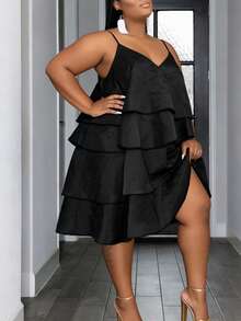 2026 Plus Size Women's Solid Color Multi-Tier Sleeveless Spaghetti Strap Puffy Satin Mini Dress, Women's Plus Size Formal Dress, Holiday Vibe Outfit, Spring/Summer New Arrival, Elegant Style Black - Black - View 3