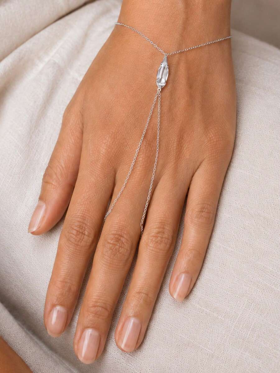 1件波希米亞風菱形水晶手腕手指手鍊,女款極簡細鏈手鍊套組,手部飾品配件禮物 - 銀色 - 查看 1
