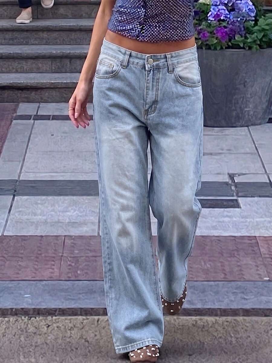 Women's Casual Extra Long Wide Leg Denim Jeans, With Zipper And Pockets, Non-Stretch, Y2K Retro Style - Blue - View 1
