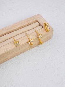 4Pcs Stainless Steel Zirconia Stud Jacket Hoop Earring Set, 18K Gold Plated Crown Flower Stud Earrings Cartilage Piercing Jewelry For Women Daily Gift - Gold - View 2