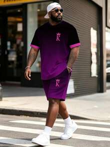 Plus Size Men's Black & Purple Gradient Crown Print 2pcs Set, Loose Fit Short Sleeve Tee And Shorts, Casual Sports Stylish Outfit - Multicolor - View 1