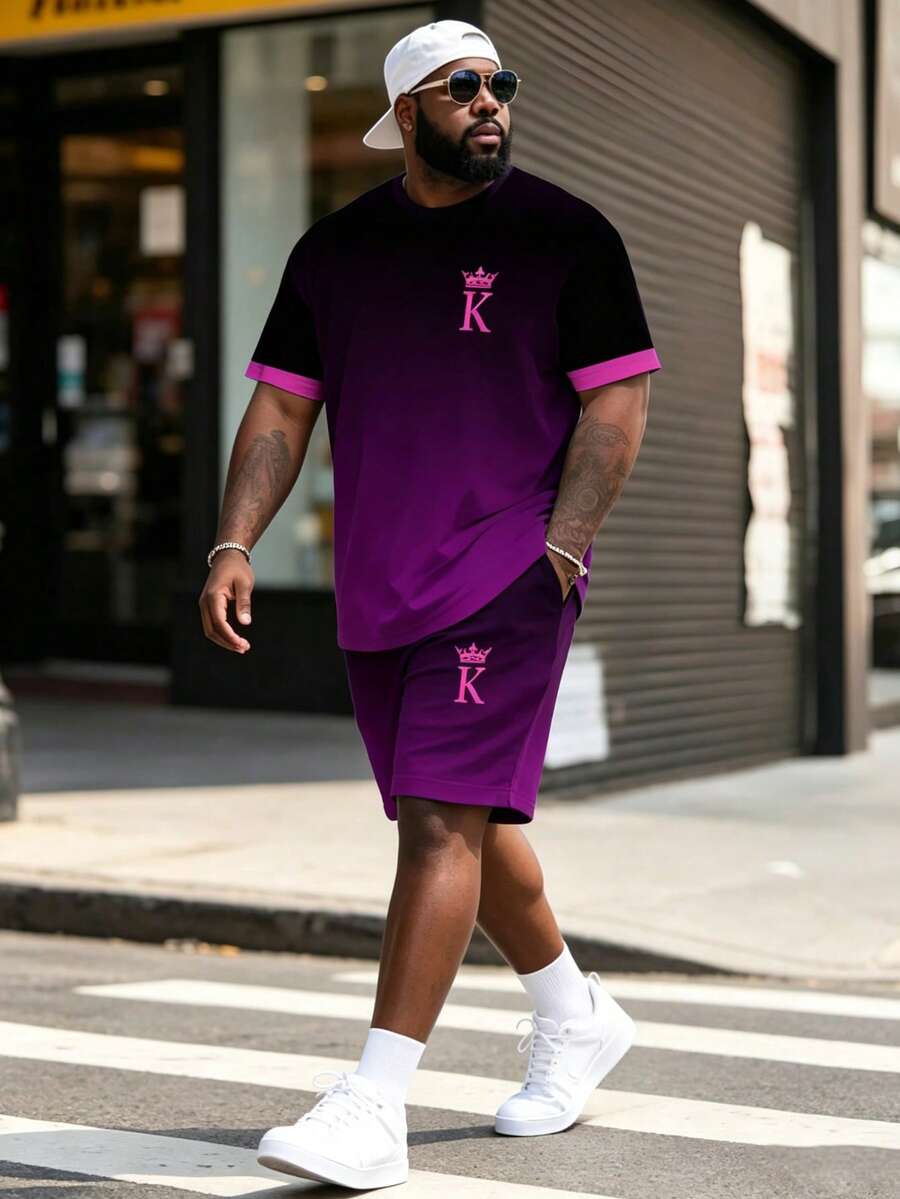 Plus Size Men's Black & Purple Gradient Crown Print 2pcs Set, Loose Fit Short Sleeve Tee And Shorts, Casual Sports Stylish Outfit - Multicolor - View 1