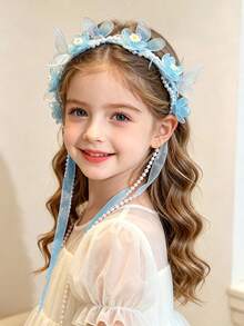 Children's Braided Hairband Flower Crown Headband For Girls, Princess Style Fairy Ribbon Hair Clip Head Accessory - 彩色 - 查看 6
