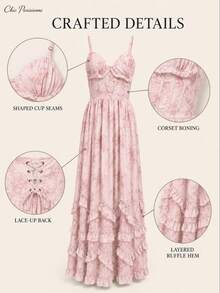 Pink Floral Chiffon V-Neck Backless Tiered A-Line Maxi Dress - 粉色 - 查看 10
