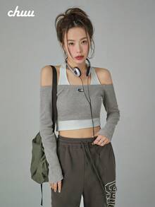 CHUU Sweet & Spicy 女款 2 合 1 吊帶長袖 T 恤，秋季露肩短版上衣，獨特設計 - 灰色 - 查看 2