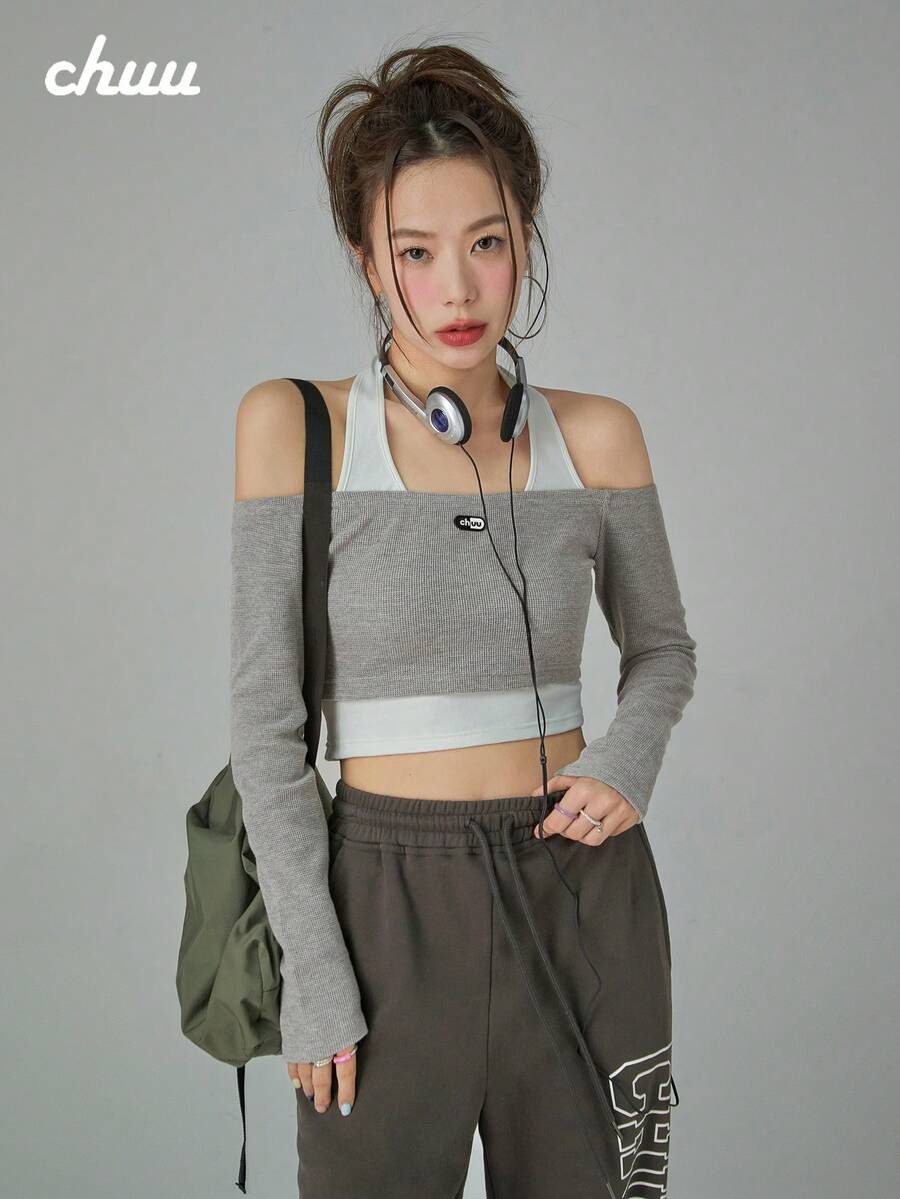CHUU Sweet & Spicy Camisole 2 In 1 Long Sleeve T-Shirt Women's Autumn Off-Shoulder Crop Top Unique Design - Grey - View 1