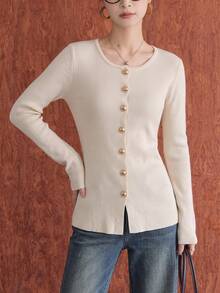 Women's Elegant Round Neck Gold Button Ribbed Knit Cardigan, Slim Fit Open Front Long Sleeve Social Blouse, Office Commute Vacation Outing Top - Apricot - View 5