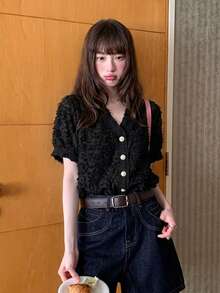 夏季V領單排扣短袖蕾絲女款休閒襯衫上衣 黑色 - 黑色 - 查看 4