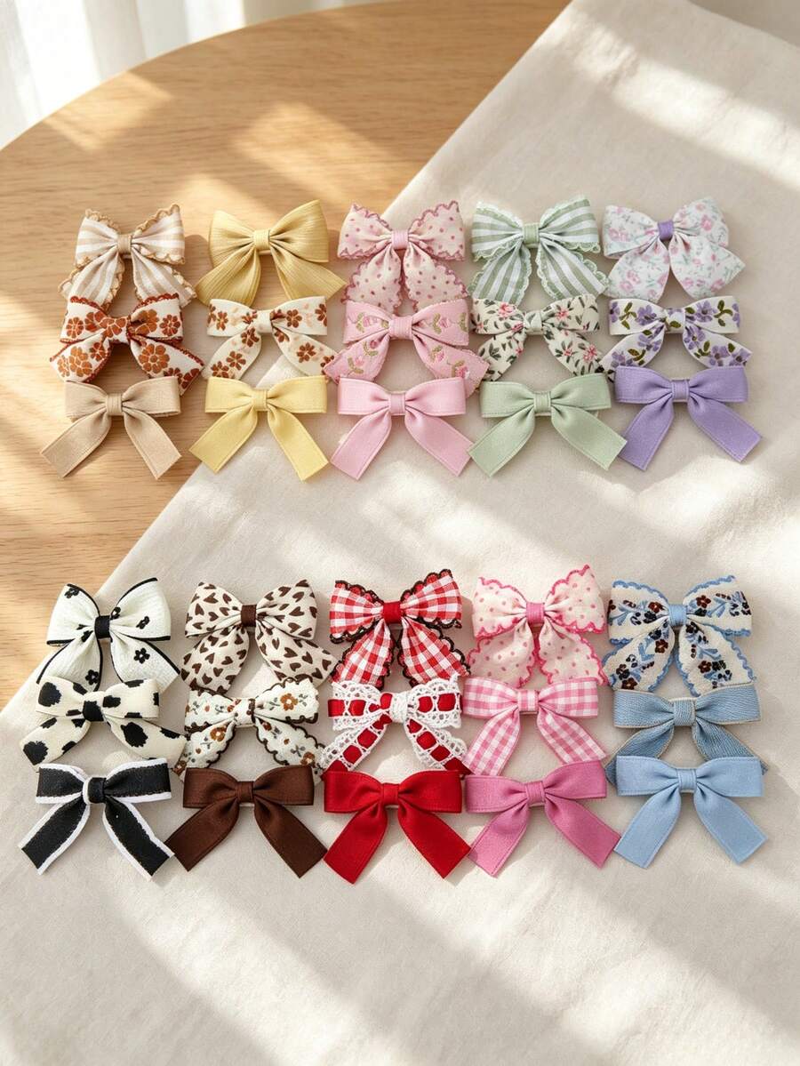 3 Packs Of Handmade Fabric Bow Hair Clips, Featuring Floral Prints, Plaid, Polka Dots, And Solid Colors. Sweet And Non-Slip. - Multicolor - View 1