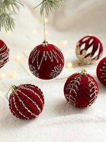 3.15 Inch Flocked Christmas Ball Ornament, Burgundy Glitter Flocked Christmas Tree Hanging Pendant, Rhinestone Flocked Painted Christmas Ball, Suitable For Winter Christmas Tree, Holiday Party, Home Wreath, Wedding Home Decor, New Year, Creating Festive Atmosphere - Red - View 3