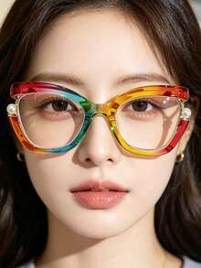 1 Pair Y2K Rainbow Gradient Cat-Eye Glasses, Color Gradient Frames Inlaid With Pearls, Perfect For Summer Trips, Street Shots & Party Accessories - 彩虹色 - 查看 5