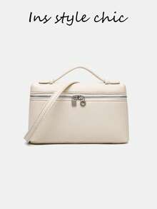 Off White Grain Texture Mini Square Crossbody Bag, Mini Handle Double Zipper Lock Hardware Lightweight Faux Leather Makeup Handbag Mini Wallet - White - View 3