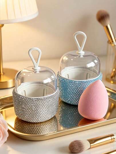 Sparkling Diamond Makeup Sponge Storage Case,With Makeup Sponges And Makeup Brush Set,Portable Travel Beauty Tools,Dust-Proof Makeup Sponge Storage Case,8PCS Portable Travel Brushes,Gifts For Women, Bridesmaids, And Fashion Bloggers