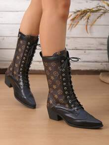 Front Lace-Up Pointed Toe Low Chunky Mid-Calf Boots With Criss-Cross Straps, Full Metal Eyelets, Solid Color Adjustable Minimalist Rider Boots - Coffee Brown - View 3