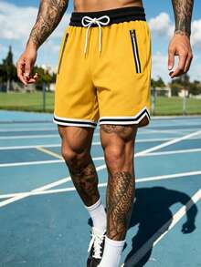 Men's Loose Fit Basketball Shorts, Elastic Drawstring Waist, Zipper Pockets, Striped Hem, Breathable Fitness Training Casual Sports Knee Length Shorts - Yellow - View 6