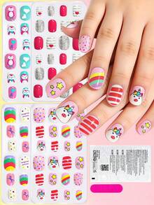192pcs Cute Cartoon Children's Fake Nails, Cute Unicorn Rainbow Star Floral Reusable Nail Stickers, DIY Manicure, Girls Party Birthday Gift - Multicolor - View 3