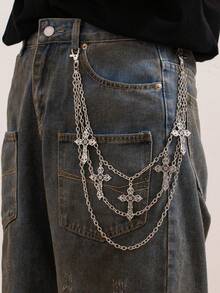 1pc Gothic Style Multi-Layer Stacked Cross Tassel Pendant Geometric Chain Body Chain Pant Chain, Vintage Hip Hop, Holiday Party, Casual Daily, Street Photography, Men's Couple Birthday Banquet Versatile Charming Jewelry Pant Chain Gift - Silver - View 5