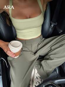 ARA CHIC Light Sage Green Ribbed Cami Top, Cross Back Large Scoop Neck Fitted Y2K Cropped Tank, Suitable For Autumn Streetwear, Vacation, Casual Daily Wear - Mint Green - View 6