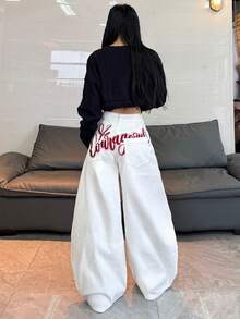 1pc American Street Style Embroidered Women's Cocoon Wide Leg Jeans, Loose Comfortable All-Season Long Pants (This Product Does Not Include Belt/Accessories) - White - View 3
