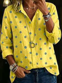 Plus Size Women's Polka Dot Print Long Sleeve Button-Down Shirt Collar Fashion Casual Top - Yellow - View 6