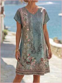 Qionghai city renqianjia trading Vestido midi de manga corta para mujer, con estampado geométrico, vestido de verano bohemio para carnaval de primave - Multicolor13 - Ver 5