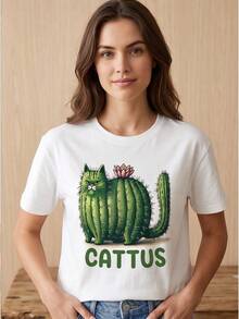 Cartoon Cat & Cactus Graphic Cotton Tee For Ladies, Crew Neck Short Sleeve All-Match Light Casual Outfit - 白色 - 查看 2