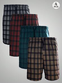 4pcs Men's Casual Plaid Pattern Lounge Pants With Dual Side Pockets, Elastic Comfortable Drawstring Shorts, Suitable For Home, Beach, Sports And Outdoor Wear - Multicolor - View 1