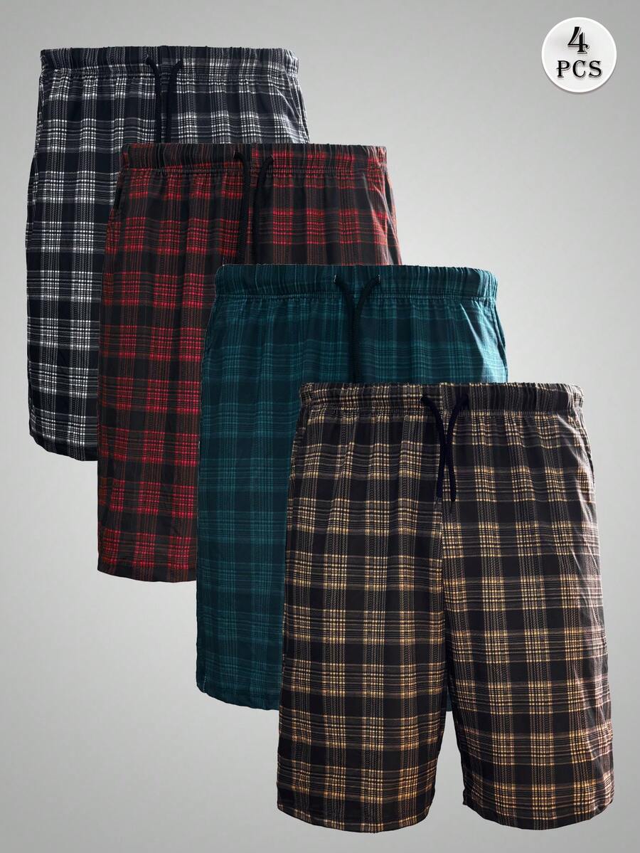 4pcs Men's Casual Plaid Pattern Lounge Pants With Dual Side Pockets, Elastic Comfortable Drawstring Shorts, Suitable For Home, Beach, Sports And Outdoor Wear - Multicolor - View 1