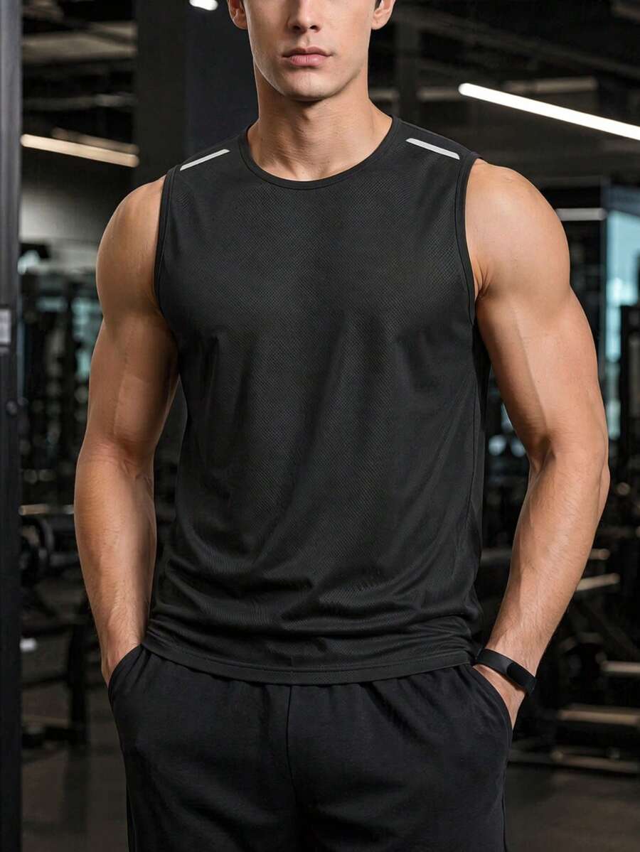 Men's Sports Tank Top Summer Quick-Dry Elastic Sleeveless T-Shirt Round Neck Reflective Print Fitness Outdoor Training Top - Black - View 1