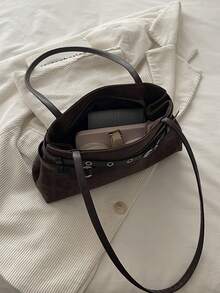 New Fashion Belt Hardware Handbag & Shoulder Bag, Elegant Women's Satchel, Quiet Luxury Style For Work, Office, School, Shopping, Travel, Best Seller - Coffee - View 6