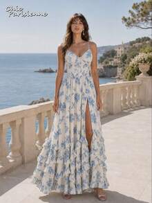 Blue White Floral Chiffon V Neck Backless Tiered A Line Maxi Dress - 藍白色 - 查看 3