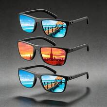 3 Pairs Black Textured Square Frame Fashion Combination Glasses, Colorful Reflective Coated Lenses Outfit Accessory, Driving Beach Vacation Street Style Daily Look Decorative - Black - View 10