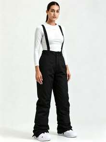 1pc Women's Loose Fit Winter Snowboard Pants, Sporty Style, With Detachable Suspenders, Suitable For Outdoor Activities, Double Skiing Gear, Warm Clothing, Reinforced Structure, Functional Snow Bib Pants, Snow Gear, Thickened, Slim Fit Ski Suit (Front Placket And Pockets Have Three Different Types Of Zippers, Randomly Shipped.) - 黑色 - 查看 7
