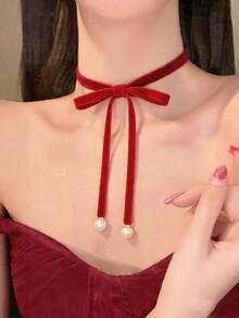 1 pieza Collar de mujer con lazo de terciopelo vintage, gargantilla de perlas elegante y minimalista de moda, cadena ajustable para la clavícula - Multicolor - Ver 2