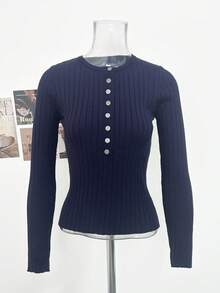 Autumn New Korean Style Slim Fit Button Knit Sweater, Versatile Long Sleeve Base Layer Top Vacation Fall - Navy Blue - View 9