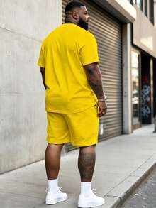 2pcs Plus Size Men Cartoon Snack Print Short Sleeve T-Shirt & Drawstring Shorts Set, Bright Yellow Mixed With Blue Design, Round Neck Tee & Shorts - Yellow - View 2