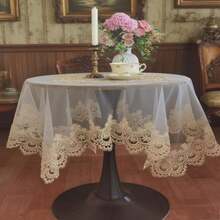 1件裝 聚酯纖維咖啡棕色網格蕾絲刺繡桌巾，鄉村浪漫花園風正方形桌布，適用於廚房、餐廳、派對及室內外節慶裝飾 - 金色 - 查看 1