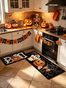 1/2pcs Halloween Kitchen Decor Rug, Cute Ghost Pumpkin Cat Kitchen Rug And Mat, Non-Slip Washable Absorbent Kitchen Accessories Decorative Mat - Multicolor - View 1