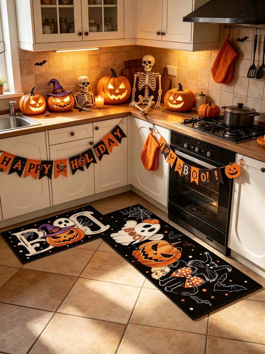 1/2pcs Halloween Kitchen Decor Rug, Cute Ghost Pumpkin Cat Kitchen Rug And Mat, Non-Slip Washable Absorbent Kitchen Accessories Decorative Mat - Multicolor - View 1