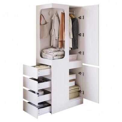 Wardrobe 70 X 40 X 170 Cm, With Drawers And Shelves, Open Hanging Space, Single-Door, White