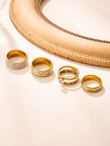 4pcs/Set Stainless Steel 18K Gold Plated Rhinestone Rings, Fashion Exquisite Versatile Double Row Full Zirconia Single Row Zirconia Roman Numeral Double Layer Single Diamond Women's Luxury Stackable Ring Set, Daily Commute Date Gift Jewelry Set - Gold - View 4