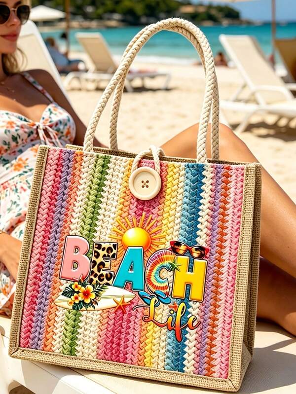 1/2pcs Women's Beach Style Tote Bag - Portable Casual Handbag, Casual Commute Handbag, Elegant And Fashionable, Suitable For Beach Vacation, Pool Activities, Short Trips, Daily Commute And Shopping. Ideal Gift For Friends Or Teachers (Striped Color Random).