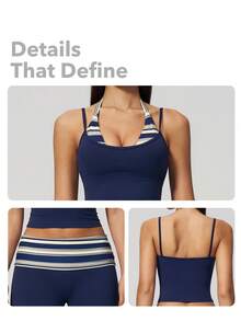 MASKERT Ladies' contrasting color back vest sports pants set yoga training running set tennis golf Pilates - 藏蓝色 - 查看 4